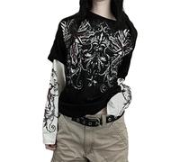 Harajuku Langarm-Shirt für Damen, Y2K, Totenkopf-Druck, Oberteile, lange Ärmel, schulterfrei, lose T-Shirts, Grunge-Gothic-Kleidung, Schwarz #7, L
