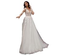 HARBINGG Brautkleid mit Langen Ärmeln und Doppeltem V-Ausschnitt, mit Einem Meerjungfrau-Kleid mit Spitze und Blumenmuster, Weiß, 14