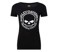 Harley-Davidson Willie G Damen T-Shirt mit Totenkopf-Logo, Rundhalsausschnitt, kurzärmelig, Schwarz, Schwarz, X-Klein