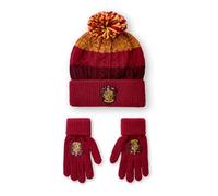 Harry Potter Kinder-Beanie-Mütze und Handschuhe-Set | Unisex Rot-Gelb gestrickte Wintermütze mit Gryffindor-Wappen | Bommelmütze in Einheitsgröße mit Handschuhen für kaltes Wetter für Jungen