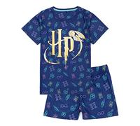 Harry Potter Kinderpyjama | Mädchen Zauberer Brille Zaubersprüche Hogwarts HP Gold Logo Marineblau Kurzarm T-Shirt Shorts Set | Magische Kleidung Merchandise