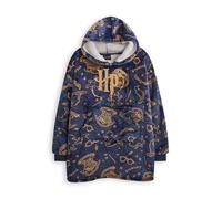 Harry Potter Mädchen tragbarer Decken-Hoodie | Kinder-Pullover aus Sherpa-Fleece mit Kapuze in Marineblau und durchgehendem HP-Hogwarts-Logo | Kinder-Loungewear mit Sherpa-Futter