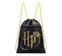 Harry Potter Turnbeutel Sportbeutel | Beutel Kordelzug Daypack | Gymsack | extra Staufach mit Reissverschluss | großes Logo und goldener Snatch (Schwarz-Gold)