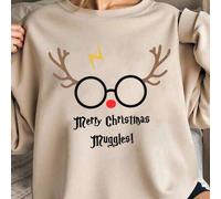 Harry Potter, Weihnachtsthema, mit Harry Potter Brillen Motiv und Schriftzug verziert mit Weihnachtsrehen, Damen einfarbiger Sweatshirt Pullover in Ov