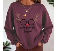 Harry Potter, Weihnachtsthema, mit Harry Potter Brillen Motiv und Schriftzug verziert mit Weihnachtsrehen, Damen einfarbiger Sweatshirt Pullover in Ov