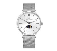Harry Williams Herren Quarzuhren Alle Edelstahl Mode und Business Uhr für Männer 3ATM Wasserdicht Moon Phase Serie, Weiß mit silbernem Netzband, Modische Herren-Armbanduhr