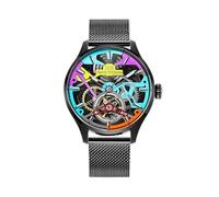 Harry Williams Mechanische Herren-Skelett-Uhren, 3 Zeiger, Automatikuhr, selbstaufziehende Armbanduhr, 5 ATM, wasserdicht, Graffiti-Design und Präzisionstechnik, Schwarz mit Edelstahlarmband, Modische