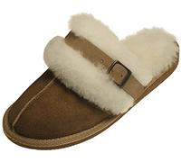 Extra dicke Lammfell Pantoffeln für Damen mit Schnallen Verzierung beige, 40