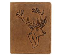 Hochformat Geldbörse in Vintage Leder mit RFID Schutz Hirschkopf cognac