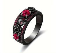 Hasdnker Ring Ringe Damen Bijouterie Herren Punky & Simply Style, Schwarzer Ring Totenkopf & Rose Design Pavé Glänzende Zirkonia Geeignet Für Männer Und Frauen Ringe 7 Rot