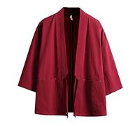 Haseil Herren Kimono Cardigan Japanische Jacken Casual Baumwolle 3/4 Ärmel Shirt Open Front Coat Leichte Leinen Outwear, Rot/Ausflug, einfarbig (Getaway Solids), Large
