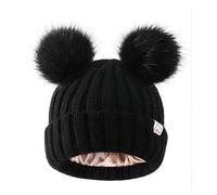 Hat Hut Kinder Bommelmütze Baby Wintermütze Gefüttert Satin für Haare Warme Strickmütze Pompon Beanie für Jungen Mädchen (DE/NL/SE/PL, Alter, Einheitsgröße, B5-SCHWARZ 2 Schwarze Poms)