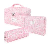 Hatende Gestepptes Make-up-Taschen-Set aus Baumwolle, große Kosmetiktasche mit Blumenmuster, ästhetische Kulturbeutel, Reise-Make-up-Taschen-Set und niedliche Blumen-Tasche für Damen und Mädchen, 3