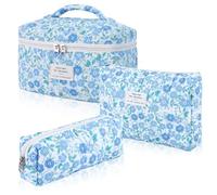 Hatende Gestepptes Make-up-Taschen-Set aus Baumwolle, große Kosmetiktasche mit Blumenmuster, ästhetisches Kulturbeutel, Reise-Make-up-Taschen-Set und niedliche Blumen-Tasche für Damen und Mädchen.,