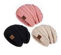 Hatromm Slouchy Mütze Damen Winter 3 Stück, Beanie Mütze Damen Herren Übergroß Warmer Strick Dick für Kaltes Wetter(Schwarz+Haferflocken+Rosa)