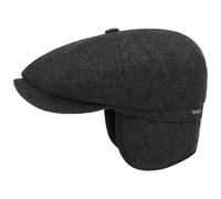 Stetson Hatteras Classic Ear Flaps Flatcap - Schirmmütze aus 100% Wolle - Fischgrätmuster - Wollcap mit Ohrenschutz - Made in The EU - Herren - Herbst/Winter schwarz-grau 57 cm