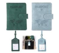 Hauojaus 2 Stück Passport Holder Reisepasshülle mit Kofferanhänger, Pass Hülle 11x15cm/4.33x5.91inch Reiseorganizer Reisepass Hülle mit RFID Blocker Karte, PU-Leder für Urlaub (Blaue und Grüne)