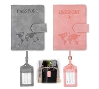 Hauojaus 2 Stück Reisepasshülle mit Kofferanhänger, Passport Holder Reisepass Hülle 11x15cm/4.33x5.91inch mit RFID-Blocker, PU-Leder Passport Cover für Urlaub und Geschäftsreisen (Grau+Rosa)