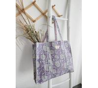 Haus of Namaste Gesteppte Tragetasche aus 100 % Bio-Baumwolle mit Lavendel-Blumenmuster | Tragetasche mit Blockdruck in Flieder und Weiß | Wendbarer Baumwoll-Shopper | Ethisch handwerkliche Tasche