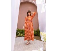 Haus of Namaste Gestreiftes Midi-Kleid aus Bio-Baumwolle mit Gürtel & Taschen | Orange und Pink | Ethisch, nachhaltig und fair S