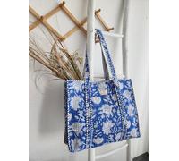 Haus of Namaste Klassische Tragetasche aus 100 % Bio-Baumwolle mit blauem Blockdruck | Weiße Tasche aus Bio-Baumwolle mit Blumenmuster | Gesteppte Alltagstasche | Robuster Schulter-Shopper | Nachhalti