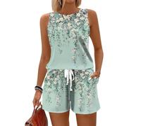 Hausanzug Damen Elegant Vintage Blumendruck Ärmelloses Hosenanzug 2 Teiler Casual Rundhals Tank Top Und Shorts Set Freizeitanzug Loungewear Für Strand Urlaub Leicht Luftig Sportanzug