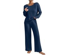Hausanzug Damen Gerippt Lounge Set Weich Rippstrick Schlafen Winter Loungewear Set Elegant Einfarbig Jogginganzug Zweiteiler Strickanzug V-Ausschnitt Homewear Weite Hosen Nachtwäsche Hauskleidung