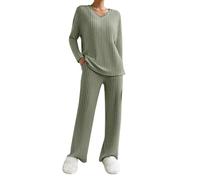 Hausanzug Damen Kuschelig, Schlafanzug Damen Lang Pyjama Set V-Ausschnitt Gestricktes Hausanzug Zweiteiler Strickhose AUD Strickpullover Sportanzug Mit Taschen Loungewear Yoga-Sets 2 Stück, Armeegrün