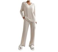 Hausanzug Damen Kuschelig, Schlafanzug Damen Lang Pyjama Set V-Ausschnitt Gestricktes Hausanzug Zweiteiler Strickhose AUD Strickpullover Sportanzug Mit Taschen Loungewear Yoga-Sets 2 Stück, Khaki
