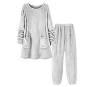 Hausanzug Damen Kuschelig Warm, Schlafanzug Damen Warm Flanell Pyjama Set Teddy Fleecemantel Weich Loungewear Kuschelige Nachtwäsche Zweiteiler Schlafanzüge Flauschig Freizeitanzug Thermo Schlafanzuge