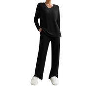 Hausanzug Damen, Schlafanzug Damen Lang Pyjama Set V-Ausschnitt Gestricktes Hausanzug Zweiteiler Strickhose AUD Strickpullover Sportanzug Mit Taschen Loungewear Yoga-Sets 2 Stück, Schwarz