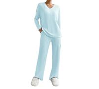 Hausanzug Damen, Schlafanzug Damen Lang Pyjama Set V-Ausschnitt Gestricktes Hausanzug Zweiteiler Strickhose AUD Strickpullover Sportanzug Mit Taschen Loungewear Yoga-Sets 2 Stück, Blau