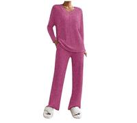 Hausanzug Damen, Schlafanzug Damen Lang Pyjama Set V-Ausschnitt Gestricktes Hausanzug Zweiteiler Strickhose AUD Strickpullover Sportanzug Mit Taschen Loungewear Yoga-Sets 2 Stück, Hot Pink