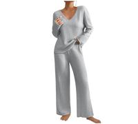 Hausanzug Damen Weich Rippstrick Schlafen Gerippt Lounge Set Winter Strick Loungewear Set Einfarbig Jogginganzug Zweiteiler Strickanzug V-Ausschnitt Homewear + Weite Hosen Nachtwäsche Hauskleidung