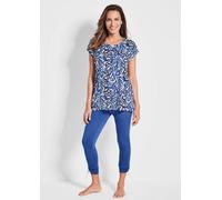 Hausanzug GOLDNER "Kurzgröße Moderner Strandanzug mit Druck", Damen, Gr. 21, blau (royalblau, gemustert), Obermaterial: 95% Viskose CV. 5% Elasthan EL., figurumspielend, Homewear-Sets Hausanzug, Seitl