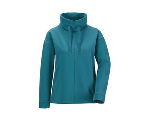 Hausanzug GOLDNER "Kurzgröße Sportiver Kragenpullover mit Tunnelzug", Damen, Gr. 22, blau (petrol), Obermaterial: 92% Baumwolle CO. 8% Elasthan EL., eng normales Bündchen, Homewear-Sets Hausanzug, hal