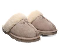 Hausschuh BEARPAW "Loki", Damen, Gr. 39, beige (hellgrau), Veloursleder, Fellimitat, Basic, Schuhe Hausschuh, Home Slipper, Pantoffel mit Warmfutter (79758331-39) hellgrau