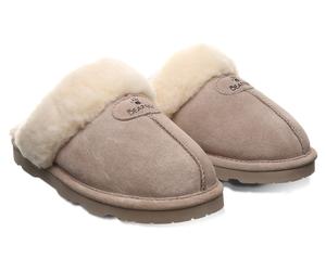 Hausschuh BEARPAW "Loki", Damen, Gr. 40, hellgrau, Veloursleder, Fellimitat, Basic, Schuhe Hausschuh, Home Slipper, Pantoffel mit Warmfutter (79758331-40) hellgrau