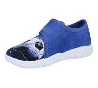Hausschuh RICHTER "Mailo", Mädchen, Gr. 32, blau, schwarz mit fußball, Baumwolle, kontrastfarbene Details, Schuhe Hausschuh, Klettschuh, Kindergartenschuh mit Größenschablone zum Download (14331230-32