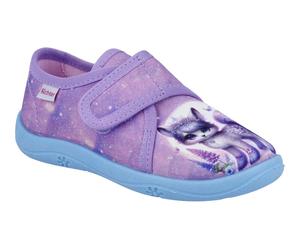 Hausschuh RICHTER "Mia", Mädchen, Gr. 28, lila (flieder, multi mit pferdemotiv), Baumwolle, Schuhe Hausschuh, Klettschuh, Kindergartenschuh, Größenschablone zum Download (90754822-28) flieder, multi m