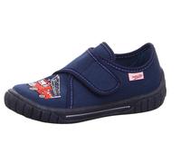 Hausschuh SUPERFIT "BILL, WMS: mittel", Mädchen, Gr. 27, blau (dunkelblau, feuerwehr), Textil, bestickt, Schuhe Hausschuh, Kindergarten Schuh im Jeans-Look, Größenschablone zum Download (17396906-27) 