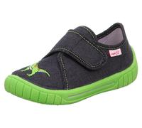 Hausschuh SUPERFIT "BILL WMS: mittel", Mädchen, Gr. 34, jeansschwarz, grün, dino, Textil, bestickt, Schuhe Hausschuh, Kindergartenschuh mit Klettverschluss, Größenschablone zum Download (79409207-34)