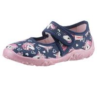 Hausschuh SUPERFIT "BONNY, WMS: mittel", Mädchen, Gr. 29, bunt (dunkelblau, rosa einhorn), Textil, Glitzer, bedruckt, Schuhe Hausschuh, Kindergartenschuh mit Einhorn-Motiv, Größenschablone zum Downloa