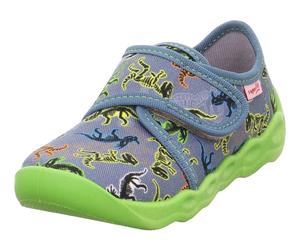 Hausschuh SUPERFIT "BUBBLE WMS: mittel", Mädchen, Gr. 31, blau (jeansblau dinos), Baumwolle, Schuhe Hausschuh, Kindergartenschuh mit Motivdruck, Größenschablone zum Download (31065150-31) jeansblau di