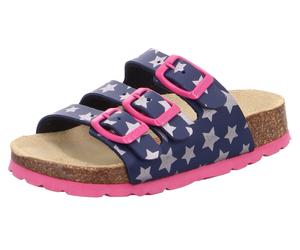 Hausschuh SUPERFIT "Fußbettpantolette WMS: Mittel", Mädchen, Gr. 27, bunt (blau, pink sterne), Lederimitat, bedruckt, Schuhe Hausschuh, Schlappen, Hausschuh mit allover Print, Größenschablone zum Down