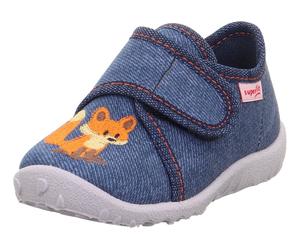 Hausschuh SUPERFIT "SPOTTY, WMS: mittel", Mädchen, Gr. 25, blau (jeansblau fuchs), Baumwolle, Schuhe Hausschuh, Kindergartenschuh mit Klettverschluss, Größenschablone zum Download (17707735-25) jeansb