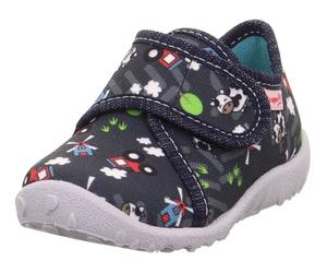 Hausschuh SUPERFIT "SPOTTY, WMS: mittel", Mädchen, Gr. 26, blau (dunkelblau kombiniert), Textil, bedruckt, Schuhe Hausschuh, Klettschuh, Kindergarten Schuh mit Motiv, Größenschablone zum Download (431