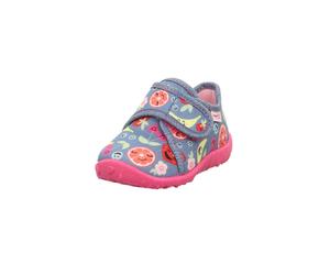 Hausschuh SUPERFIT "SPOTTY WMS: mittel", Mädchen, Gr. 26, blau multicolor, Baumwolle, bedruckt, Schuhe Hausschuh, Klettschuh, mit süßem Motiv, Größenschablone zum Download (13963900-26) blau multicolo