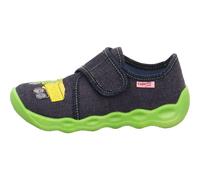 Hausschuh SUPERFIT "BUBBLE WMS: Mittel" Gr. 31, bunt (jeansblau, grün lastwagen) Kinder Schuhe Hausschuhe Halbschuh, Freizeitschuh mit hochwertiger Verzierung (42134346-31) jeansblau, grün lastwagen