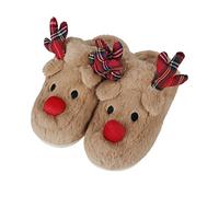 Hausschuhe Damen Herren Kunstfell Pantoffeln Weihnachten Elchmuster Winterhausschuhe Rutschfest Homeslippers Schlappen mit Gummi Sohle Home Indoor Flache Slippers Winter Warme Hüttenschuhe Heimschuhe